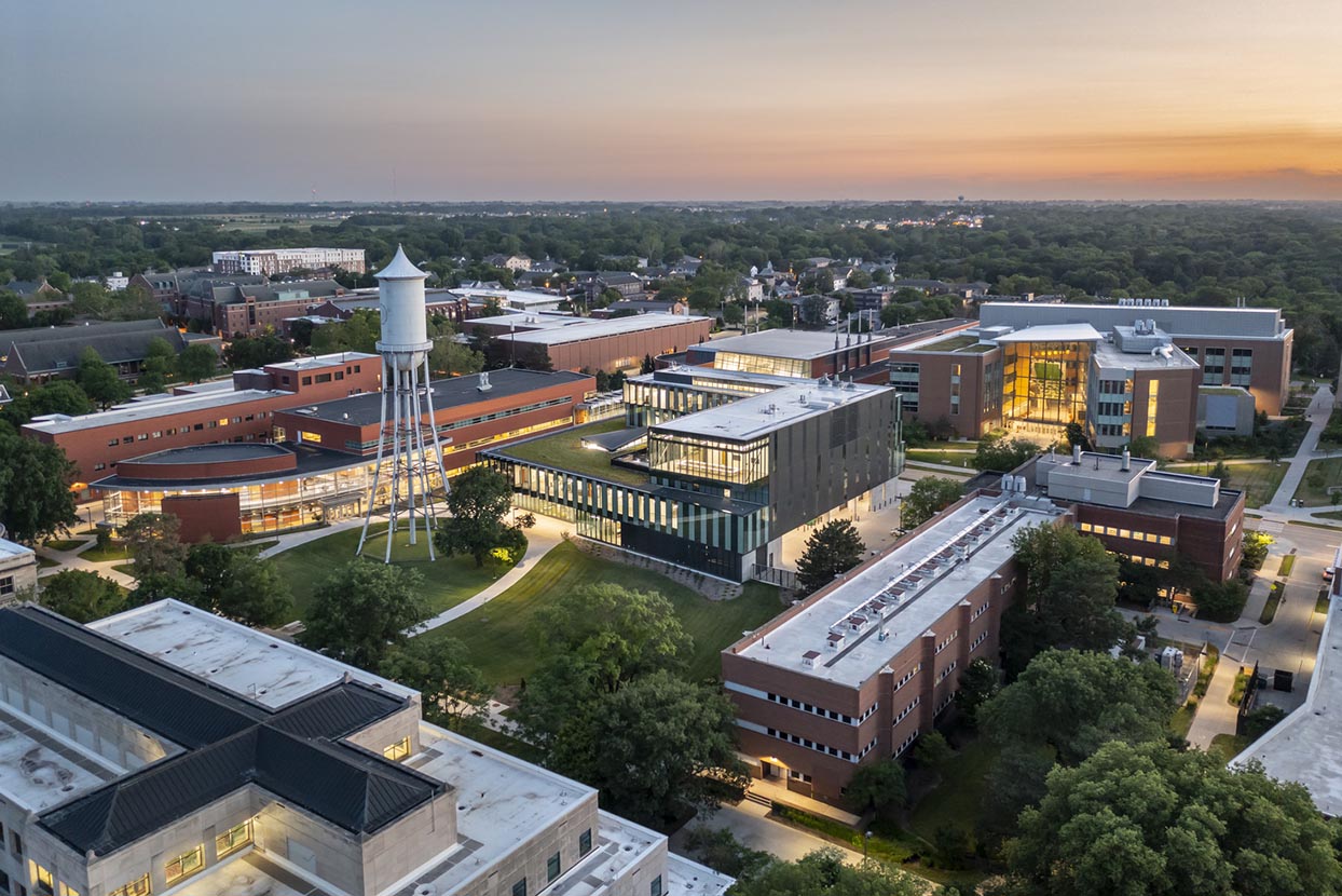 Drone view of west campus at sunset.